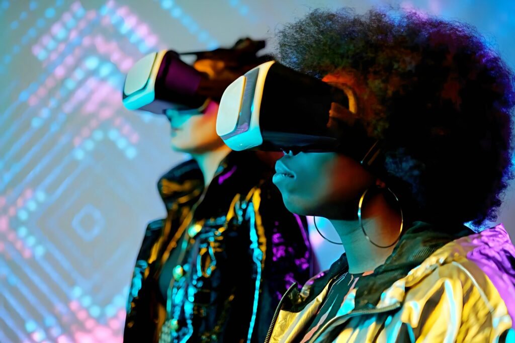 Two Friends Surrounded By Information In Virtual World.